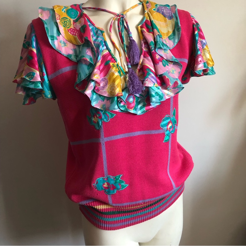 80s Ruffle Sweater Short Sleeves In Style of Diane Freis L